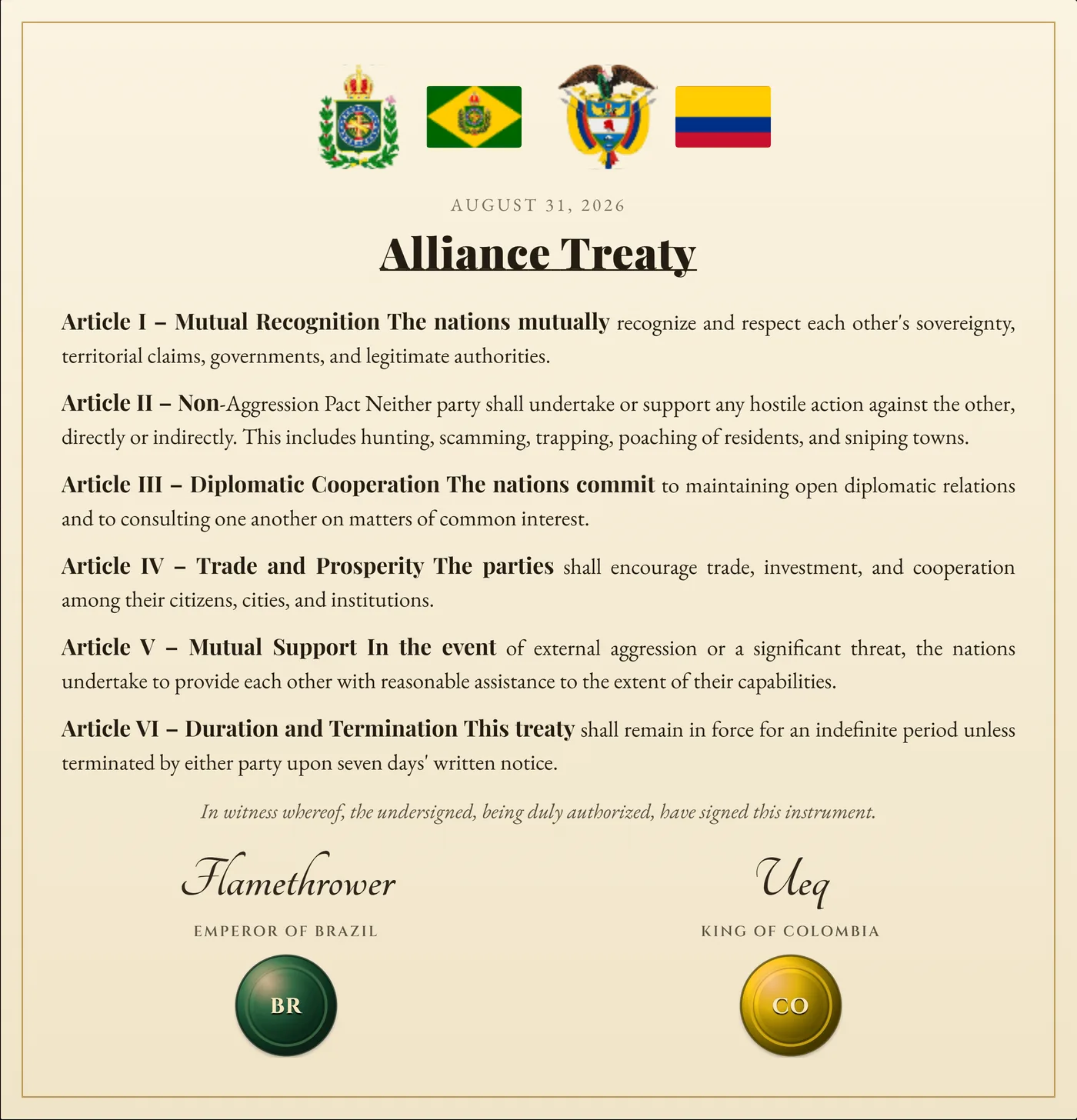 Alliance Treaty between Colombia and Brazil, signed August 31, 2026