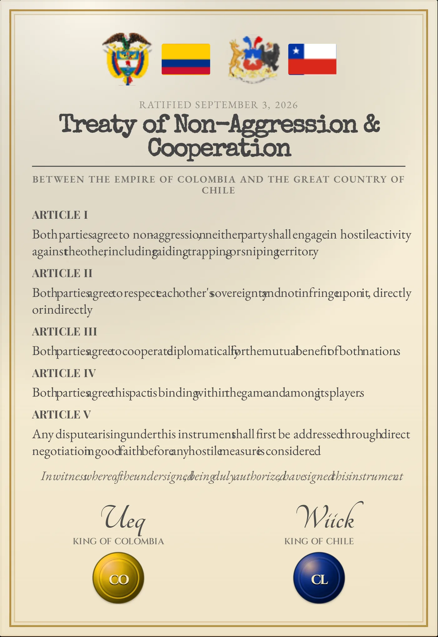 Treaty of Non-Aggression and Cooperation between Colombia and Chile, ratified September 3, 2026