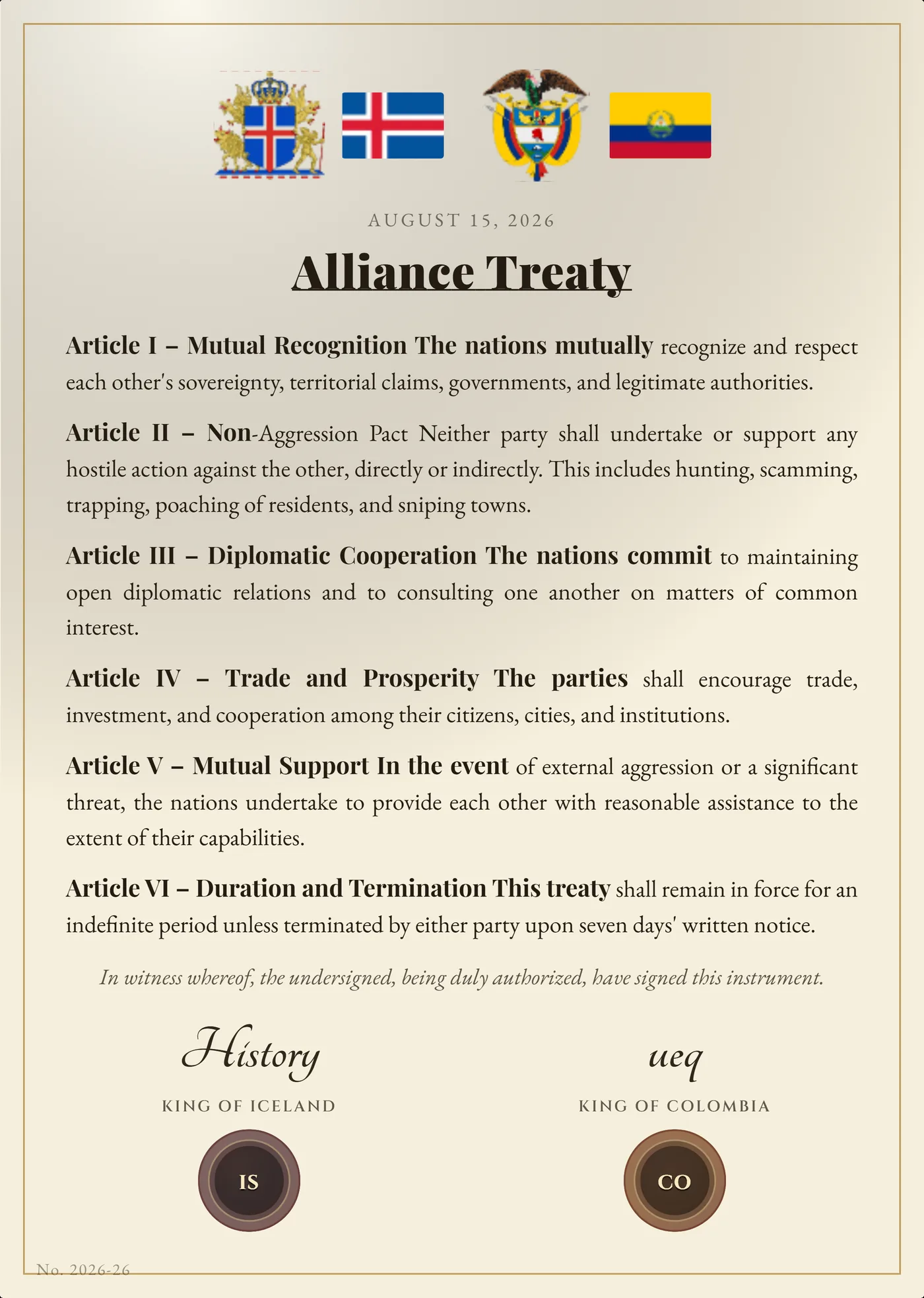 Alliance Treaty between Colombia and Iceland, signed August 15, 2026